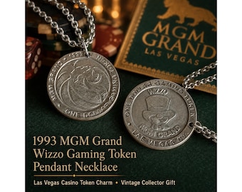 1993 MGM Grand Wizzo Gaming Token Pendant Necklace, Las Vegas