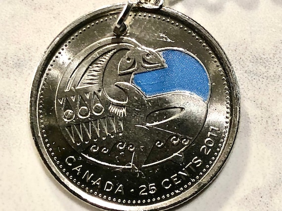 Canada Orca Coin Pendant Necklace Charm, 2011 Coloured Quarter