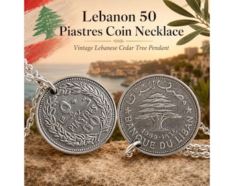 Handmade Lebanon 50 Piastres Coin Necklace, Cedar Tree Pendant, Heritage Jewelry