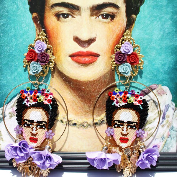 Hand Made Frida earrings,Flower earrings,Red earrings,Bold jewelry, Extra Long earrings,Mexican Icon,Colorful Earrings, flowers,Miyuki earin