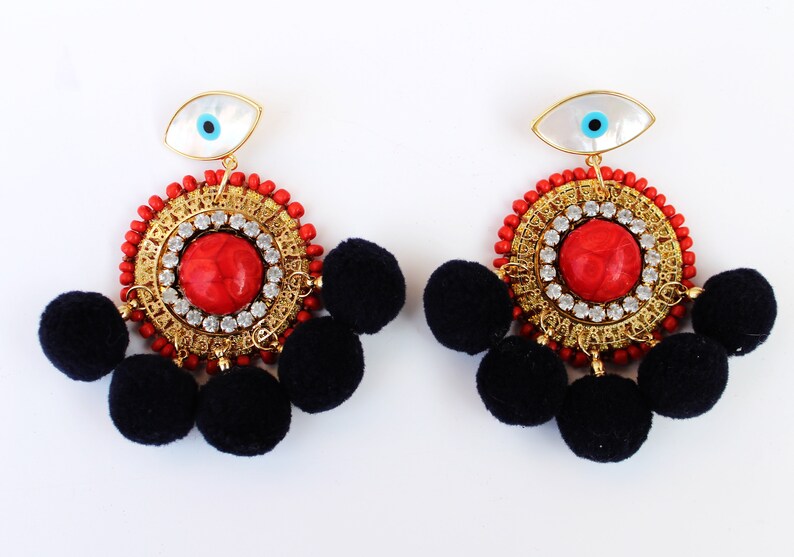NEW!!Evil eye Earrings,Turkish Eyes,Bold Jewelry,Glamorous Earrings,Navy Pompoms,Orange earrings,Mother of pearl evil eye,Statement earrings