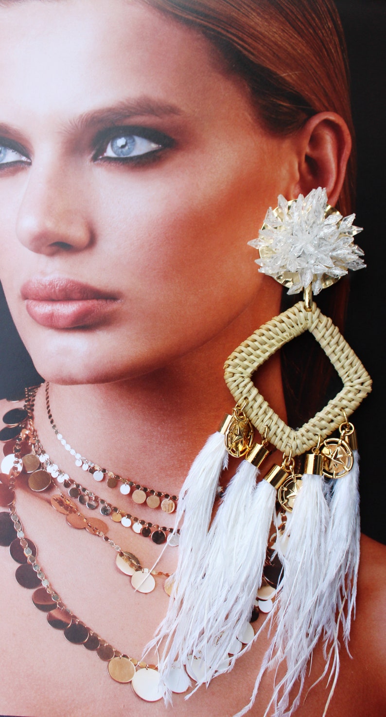 White feathers earrings,Bamboo earrings,Statement earrings,White Earrings,Summer 2019,Wedding Earrings,Bridal Shower Earrings,Bachelorette