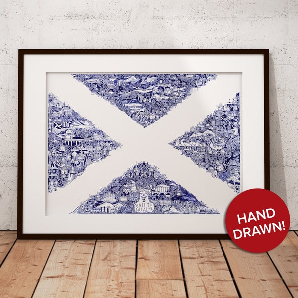 Hand-Drawn Scottish Saltire Print: Intricate Scotland Illustration