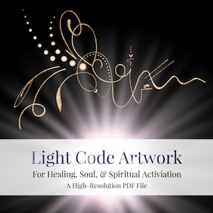 Puede incluir: Obra de arte digital con fondo negro y diseño abstracto dorado. Se muestra el texto "Light Code Artwork", junto con las frases "For Healing, Soul, & Spiritual Activiation" y "A High-Resolution PDF File".