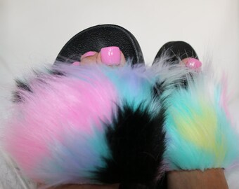 rainbow fur slides etsy