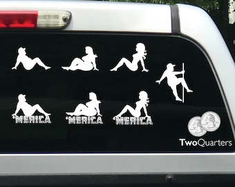 May include: A white truck window with six white silhouette decals of women in various poses. The decals have the word "MERICA" written below them. Two silver US quarters are placed on the window below the decals. The text "TwoQuarters" is printed below the quarters.