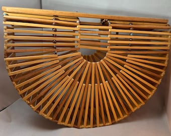 Handmade Wooden Crescent Ark Purse | Artisan Beaded Slat Handbag | Natural Wood Boho Statement Bag | Large or XL Size