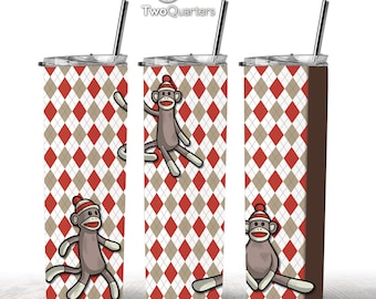 Sock Monkey 20oz Skinny Tumbler Sublimation Design for Straight Tumbler - PNG Digital Download