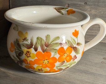 Vintage NAPCO Hand Painted Japan Chamber Pot | Floral Ceramic Potty | Orange Yellow Flowers | Mid Century Japanese Pottery