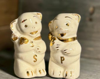 Vintage Bear Salt & Pepper Shakers Ivory Gold Ceramic Cork Stoppers Mid Century Kitchen Kitsch