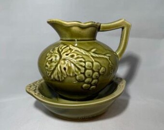 Vintage Miniature 6" Japanese Green Water Pitcher and Bowl