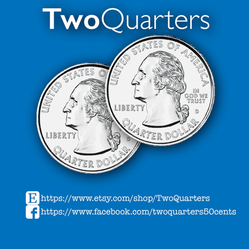 Op de afbeelding: Twee zilveren Amerikaanse kwartjes met de woorden "United States of America", "Liberty" en "In God We Trust" erop. De munten bevinden zich op een blauwe achtergrond met de tekst "TwoQuarters" bovenaan en links naar de Etsy- en Facebook-pagina's van de verkoper.