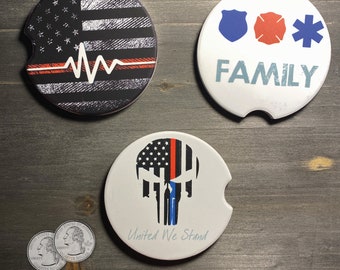 Blue/Red Line Ceramic Car Coasters (matte finish)