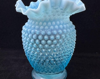 Vintage Blue Opalescent Hobnail Vase | Ruffled Milk Glass Vase | Fenton Art Glass | Cottage Decor