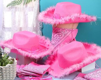 Pink Adult Cowgirl Hats (8) with Paisley Bandana (8) and Heart Glasses (4)