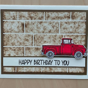 Carte de voeux d'anniversaire masculine 3D faite main, grain de bois, en relief, camion rouge, effet vieilli, pour lui, ivoire, marron, pour homme, vintage