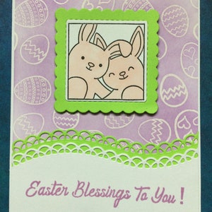 Carte de vœux élégante 3D lapins de Pâques, faite à la main, gaufrée, printanière, délicate, pastel, œufs, religieux, bénédictions, vert violet blanc