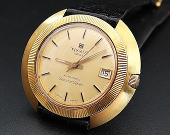 Klasyczny zegarek automatyczny Tissot Seastar Seven: pozłacana koperta UFO, pasek ze skóry krokodyla