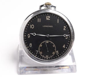 Montre de poche Longines 1929 – Cal. 379, cadran noir, boîtier chromé, vintage suisse