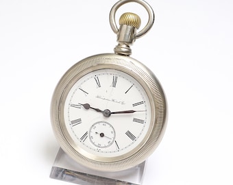 Reloj de bolsillo Hampden antiguo de 1904: Canton, Ohio, esfera de esmalte blanco.
