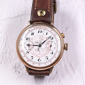 Vintage Minerva from 1929, Rare Cal.17-29CH, Aviator Chronograph Tachymeter, White Porcelain Dial - Pilot watch