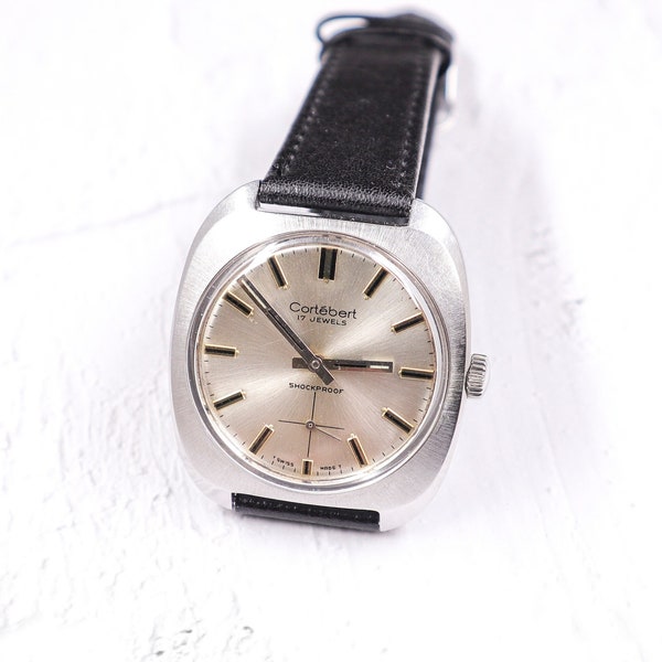 Cortebert vintage suisse, joli cadran argenté sunburst, mouvement à remontage manuel Unitas - montre pour homme des années 1970, Excellent cadeau pour elle ou lui