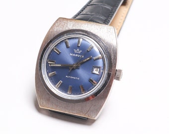 Vintage Marvin Automatic Watch: Blue Dial Swiss Made, 1970s