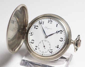 Antique Pocket Watch LONGINES, Hunter Style Pocket Watch, Circa 1930, Porcelain Dial , Wonderful Gift