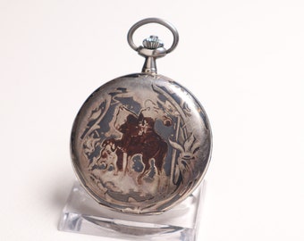 Vintage Silver Niello Full Hunter Pocket Watch: Swiss Mechanical Watch