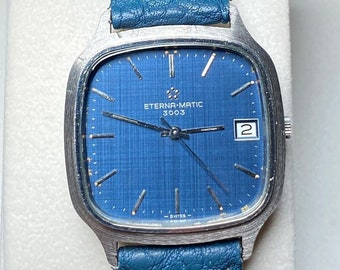 Vintage Eterna Matic 3003 Watch: Blue Dial, Stainless Steel