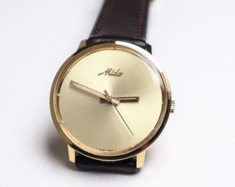 Vintage maravilloso y raro, minimalista reloj suizo automático Mido con caja dorada de 30 micrones de 1974, maravilloso regalo para ella o él