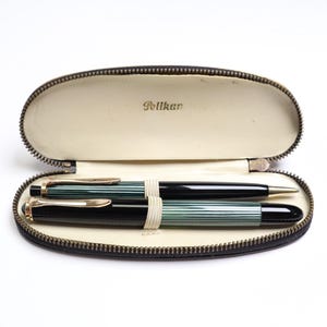 vintage Pelikan 400 NN + 450 Set Green Striped With Pouch, plume F dorée, fabrication Allemagne 1956-1965, excellente trouvaille rare, cadeau merveilleux