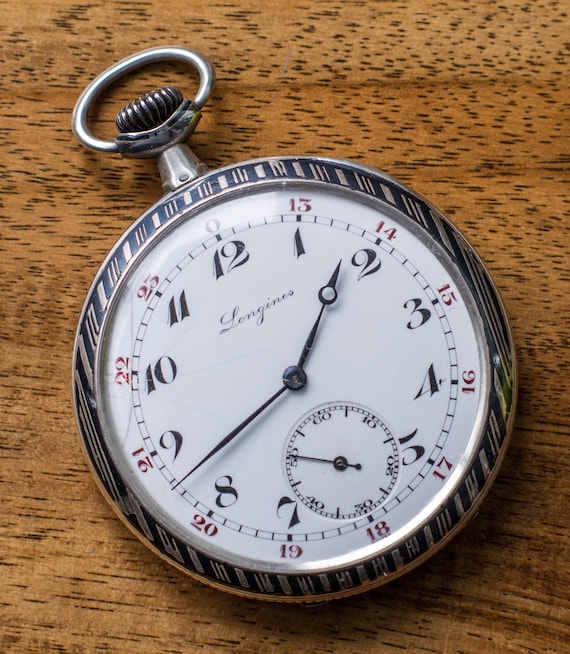 Antique Silver Longines Pocket Watch Vintage Swiss Made Niello