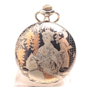 Swiss Silver&Gold Niello Pocket Watch Made by Huguenin Freres, Wonderful gift