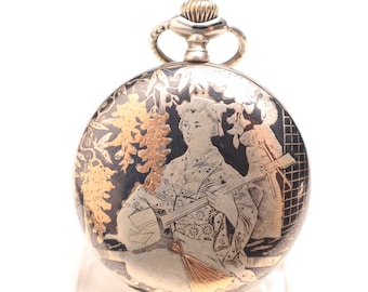 Swiss Silver & Gold Niello Pocket Watch: Huguenin Freres Full Hunter