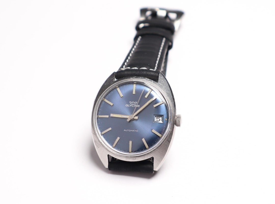 Vintage Glycine Automatic Swiss Watch: Stainless Steel Case, Blue