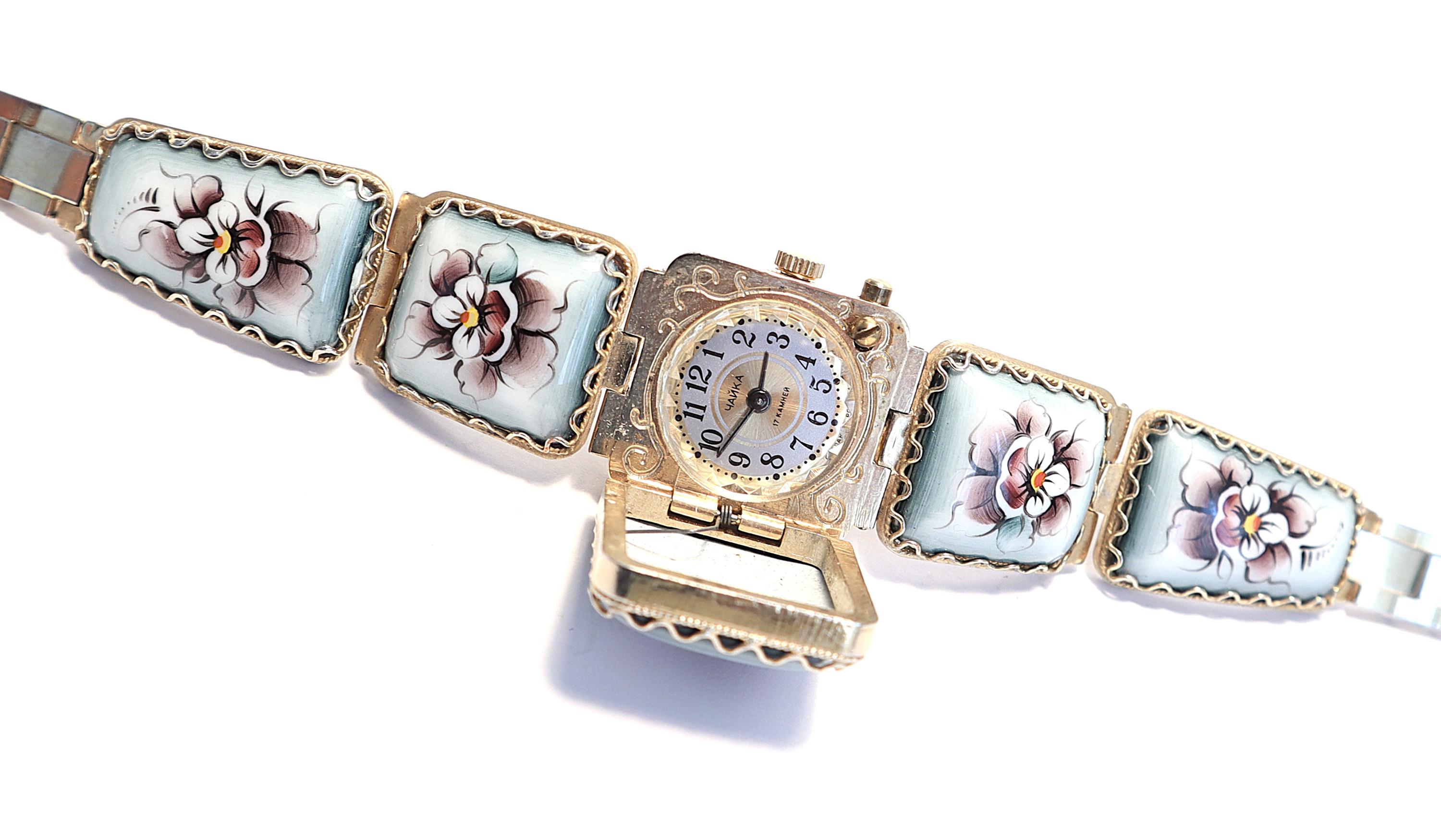 Vintage Chaika secret watch from the Soviet Union era with Finift enamel work Luxurious Vintage Enamel Soviet Secret Chaika Hidden Watch  main image 2