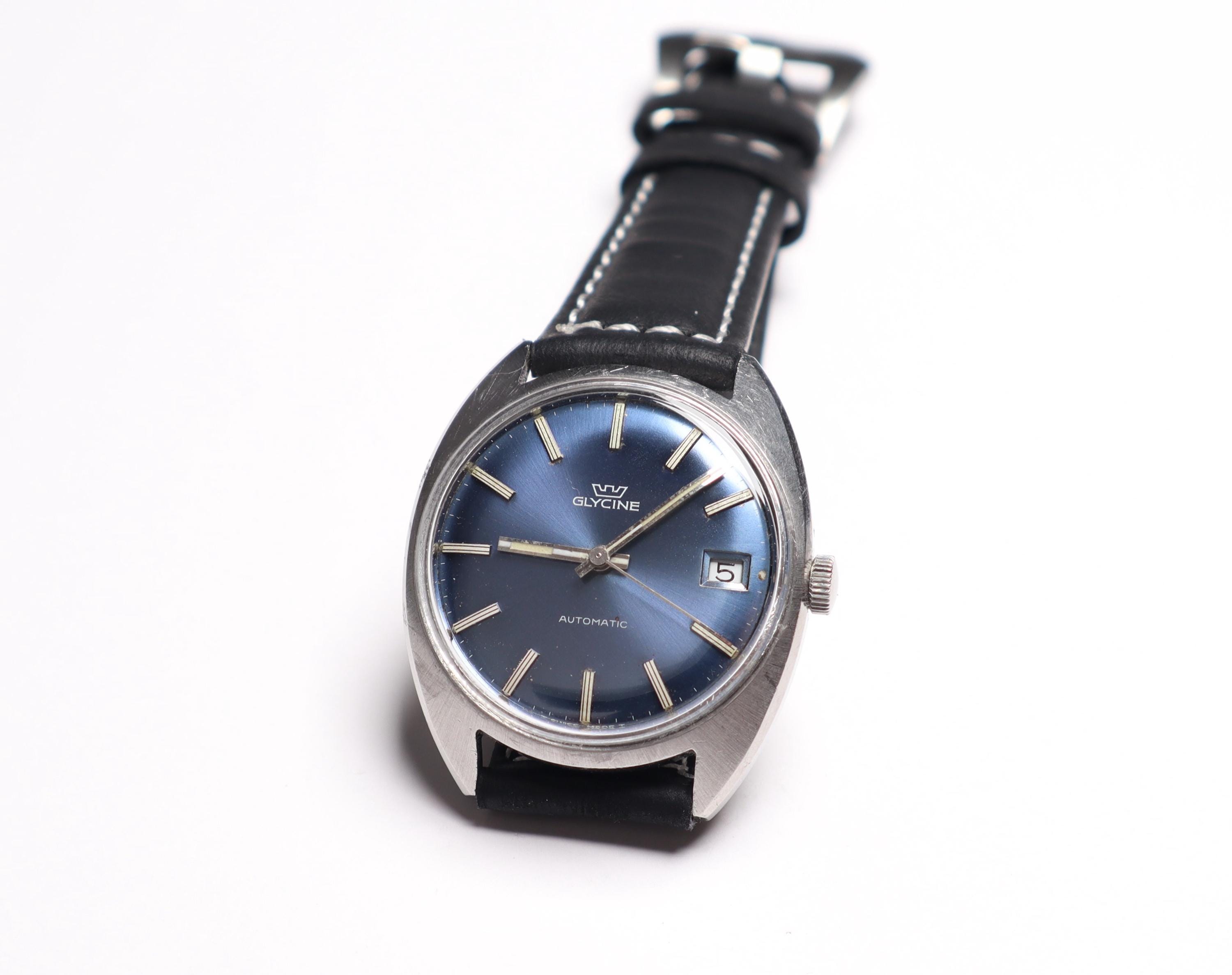 Vintage Glycine Automatic Swiss Watch: Stainless Steel Case, Blue 