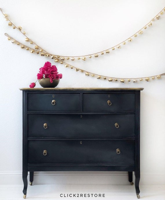 Sold Vintage Custom Painted Dresser Gorgeous Black With Distressed Gold Pattern Bedroom Furniture
