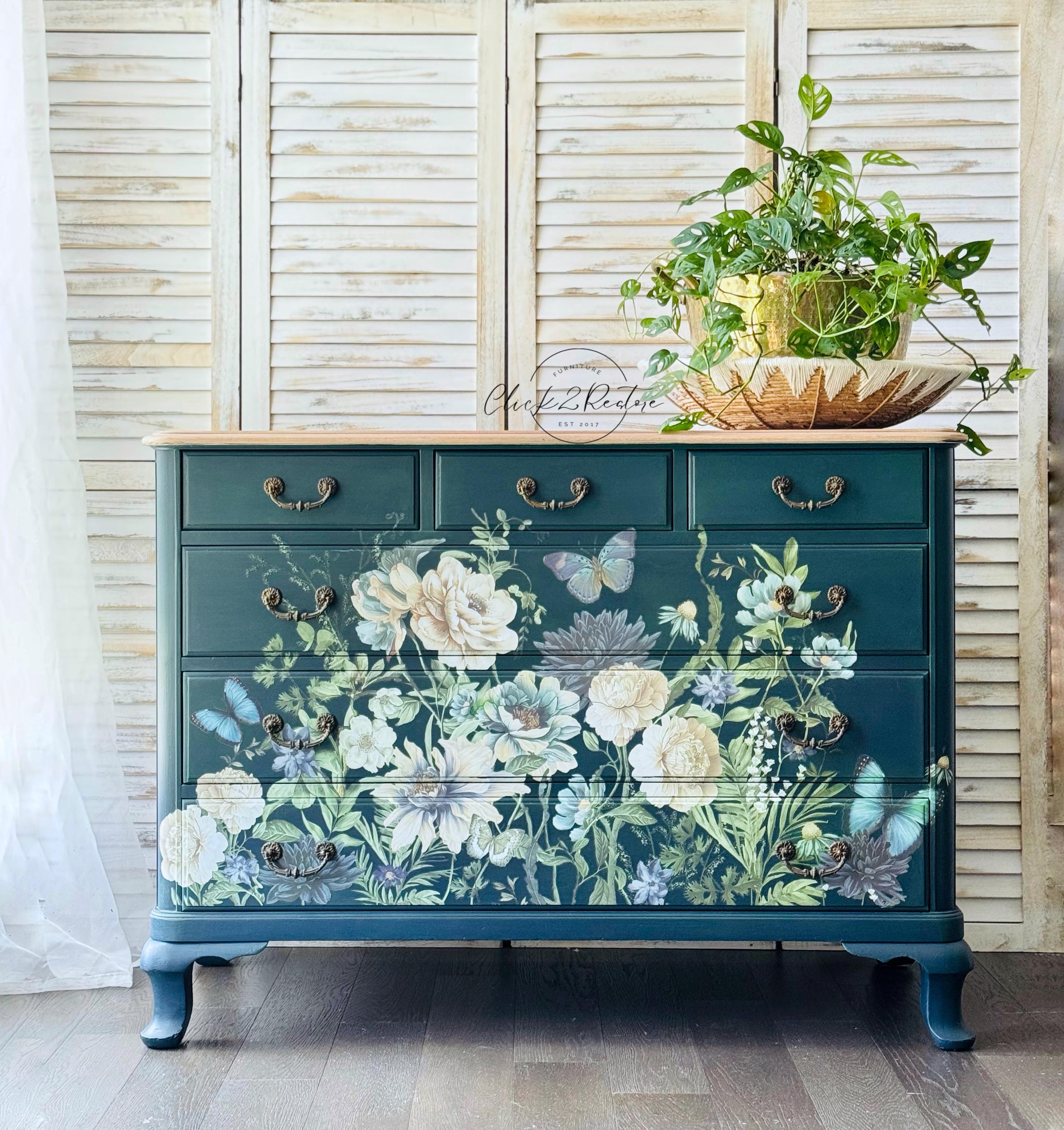 blue and green dresser Vintage Boho Floral Dresser: Painted Blue & Green Chest of Drawers