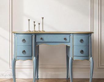 Vintage Hand-Painted Blue Floral Vanity Desk – Boho Bedroom Furniture