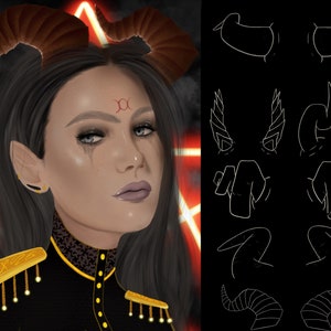 May include: A woman with long black hair and horns wears a black military-style jacket with gold trim and a symbol on the collar. She has a red symbol on her forehead and a gold earring in her left ear. The background is a red star.