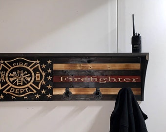 Firefighter gear rack-Firefighter-Gear rack-Fire apparel-thin red line flag-wooden firefighter flag-valentines gift-Maltese cross