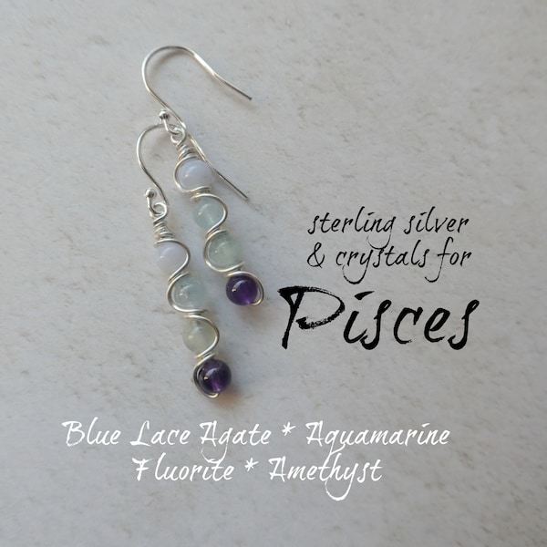 Sterling silver Pisces earrings, crystals for Pisces, gift for a Pisces, Pisces themed jewellery, zodiac stone for Pisces, gemstone earrings