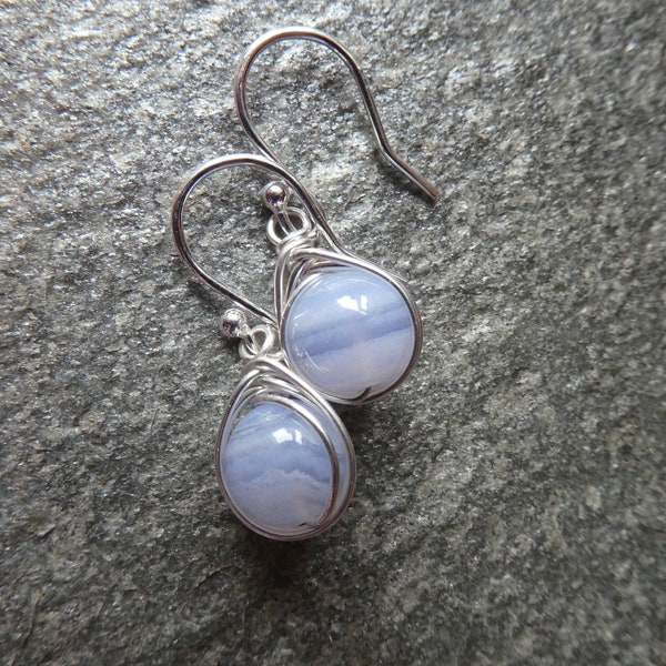 Blue lace agate drop earrings, silver agate earrings, wire wrapped earrings,unusual gemstone earrings,something blue,blue lace agate jewelry