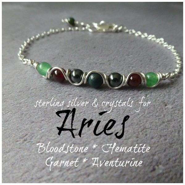 Sterling silver Aries inspired crystal bracelet, crystals for Aries, Zodiac stone for Aries, sterling silver bloodstone bracelet in the UK