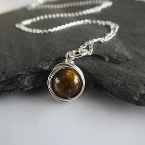 Sterling Silver Tigers Eye Pendant, Minimalist Gemstone Necklace