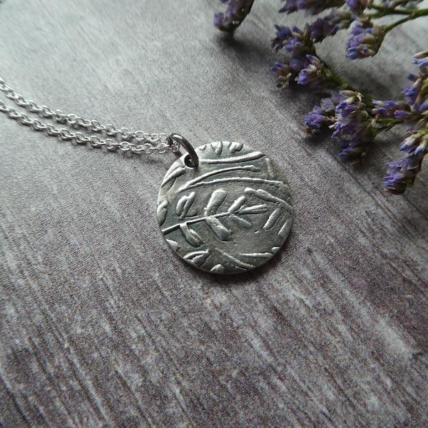 fine silver necklace, unique silver necklace, silver clay pendant, silver botanical pendant, silver leaf pendant, silver disc necklace