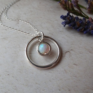 Handmade Sterling Silver Opal Circle Pendant Necklace: October Birthstone Jewellery