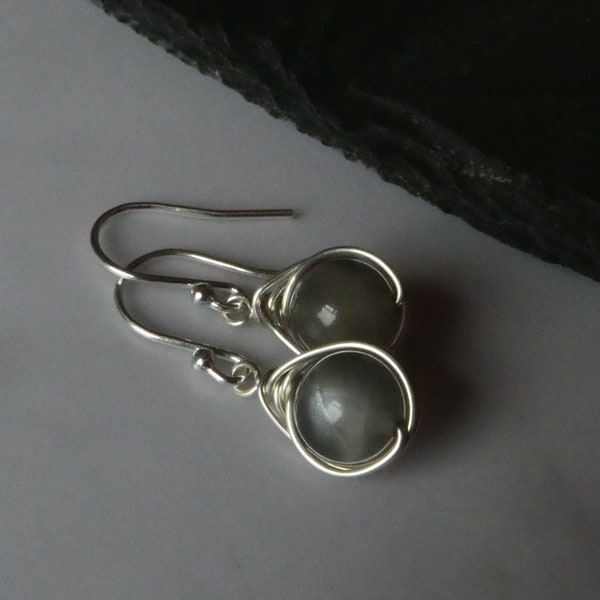 June birthstone earrings UK,grey moonstone earrings,sterling silver moonstone earrings,wire wrapped earrings,moon inspired jewellery